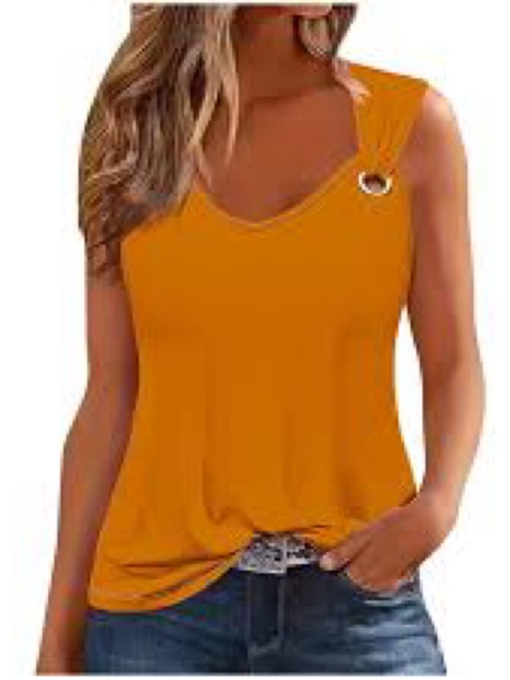 Tahari Ring-Shoulder V-Neck Tank Top - Mustard Yellow, Size L/G